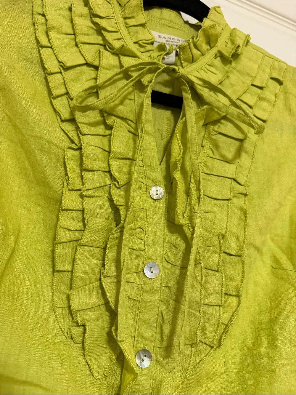 Vintage Y2K Sandro Lime Green Ruffle Linen Top Cottagecore Boho Blouse M - Picture 3 of 4